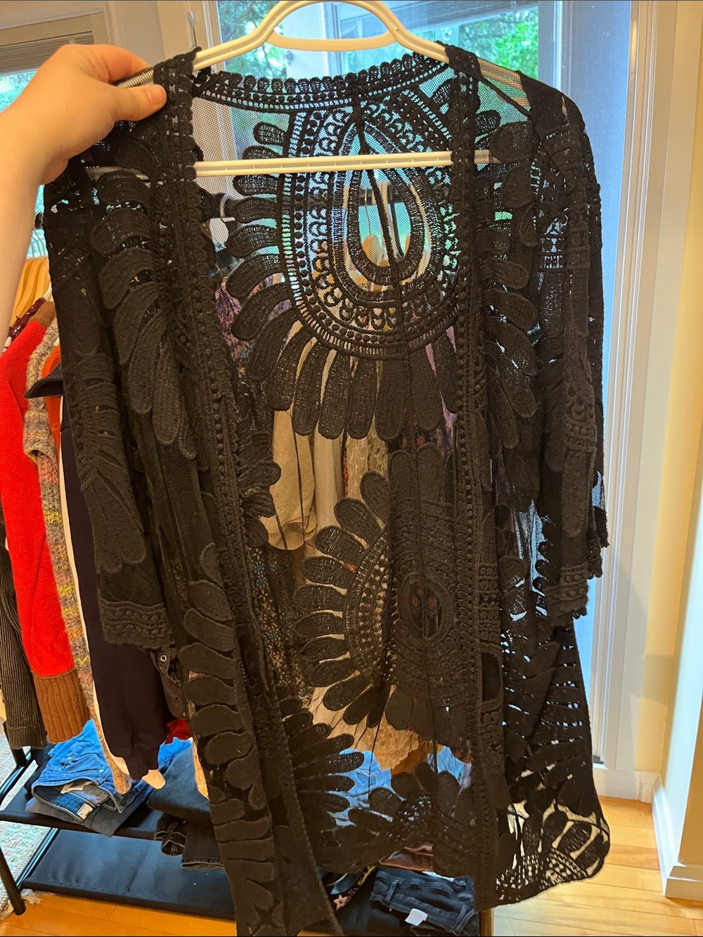 Black Boho Embroidered Lace Sheer Mesh Kimono Duster / Swim Beach Cover Up - Picture 5 of 8